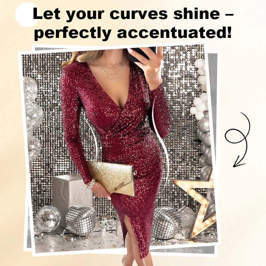 🎅 Christmas Sale 49% Off 🎄Sequin Wrap Dress for Women | Deep V-Neck Long Sleeve Evening Gown