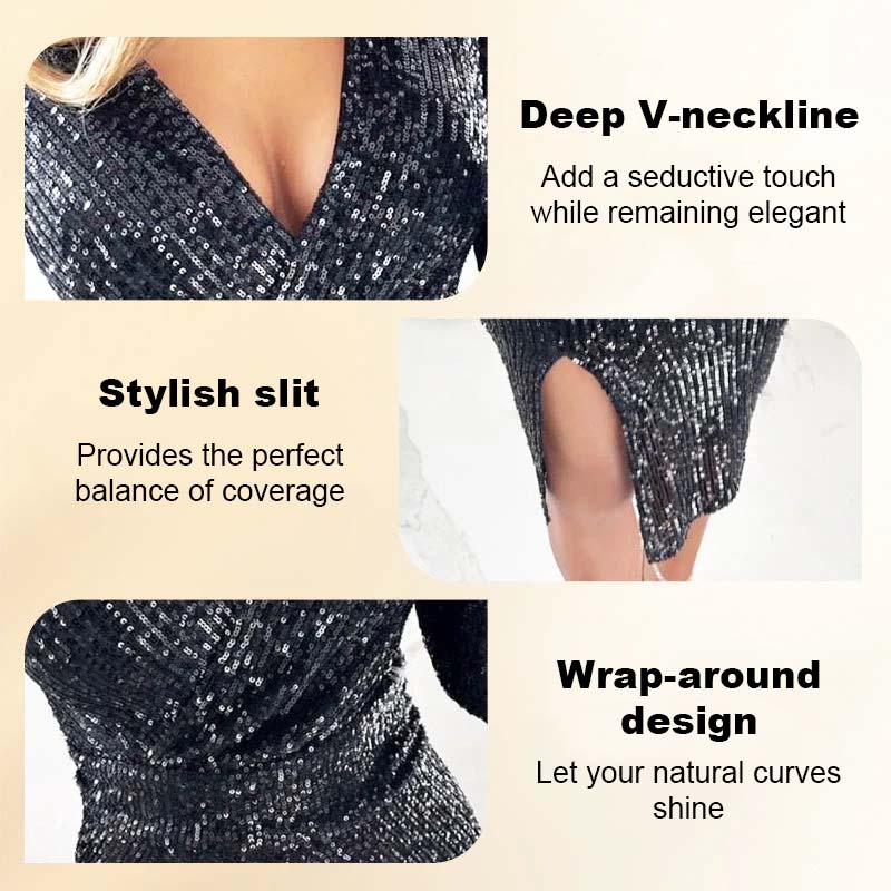 🎅 Christmas Sale 49% Off 🎄Sequin Wrap Dress for Women | Deep V-Neck Long Sleeve Evening Gown